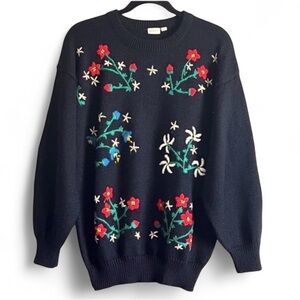 Vintage Embroidered Sweater Embroidered Flowers Pullover Wool Blend Swea…
